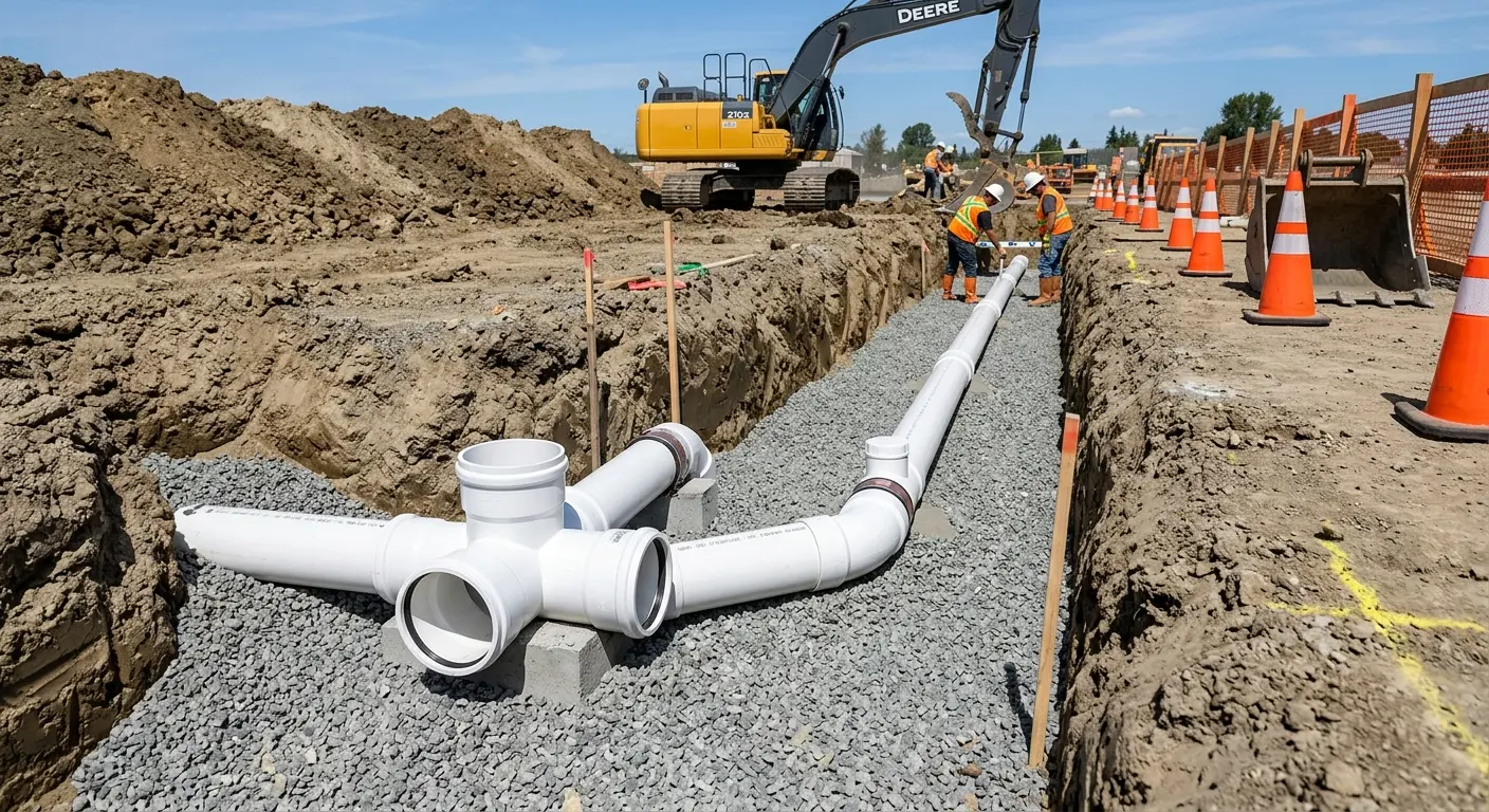 New PVC sewer pipe installation in open trench for Sewer Backup in Magnolia